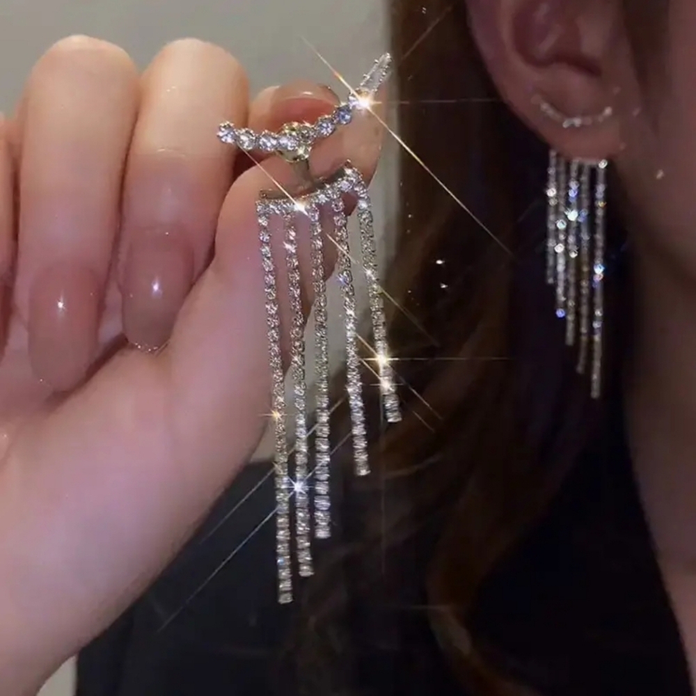 Rhinestone Decor Chain Tassel Dangle Earrings~NEW - Picture 6 of 10